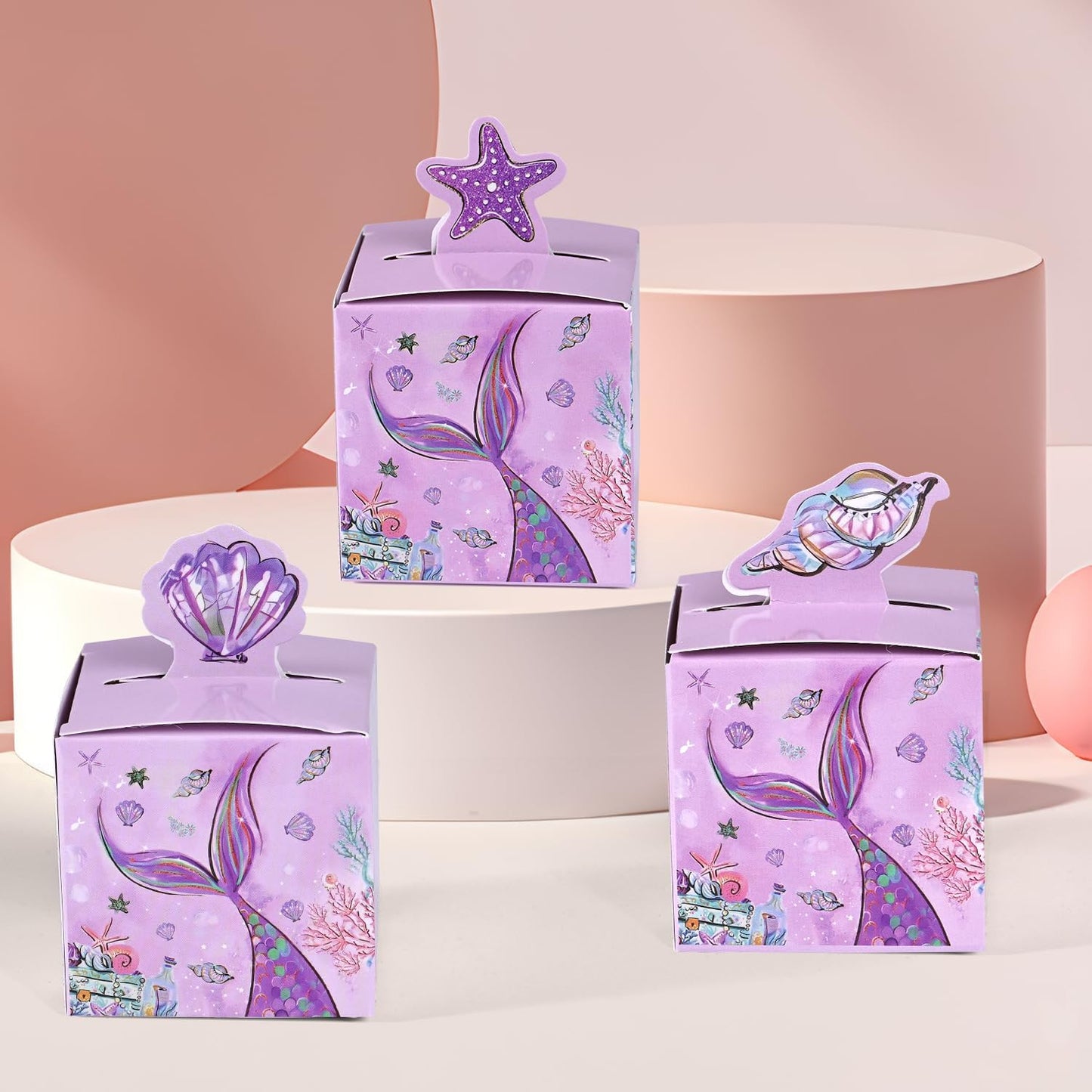 24 Pcs Mermaid Party Favor Boxes, 2.17inch Purple Under the Sea Foldable Goodie Boxes with Conch Starfish & Seashell, Treat Boxes for Candy Snacks & Gifts, Dreamy Birthday Baby Shower Party Supplies