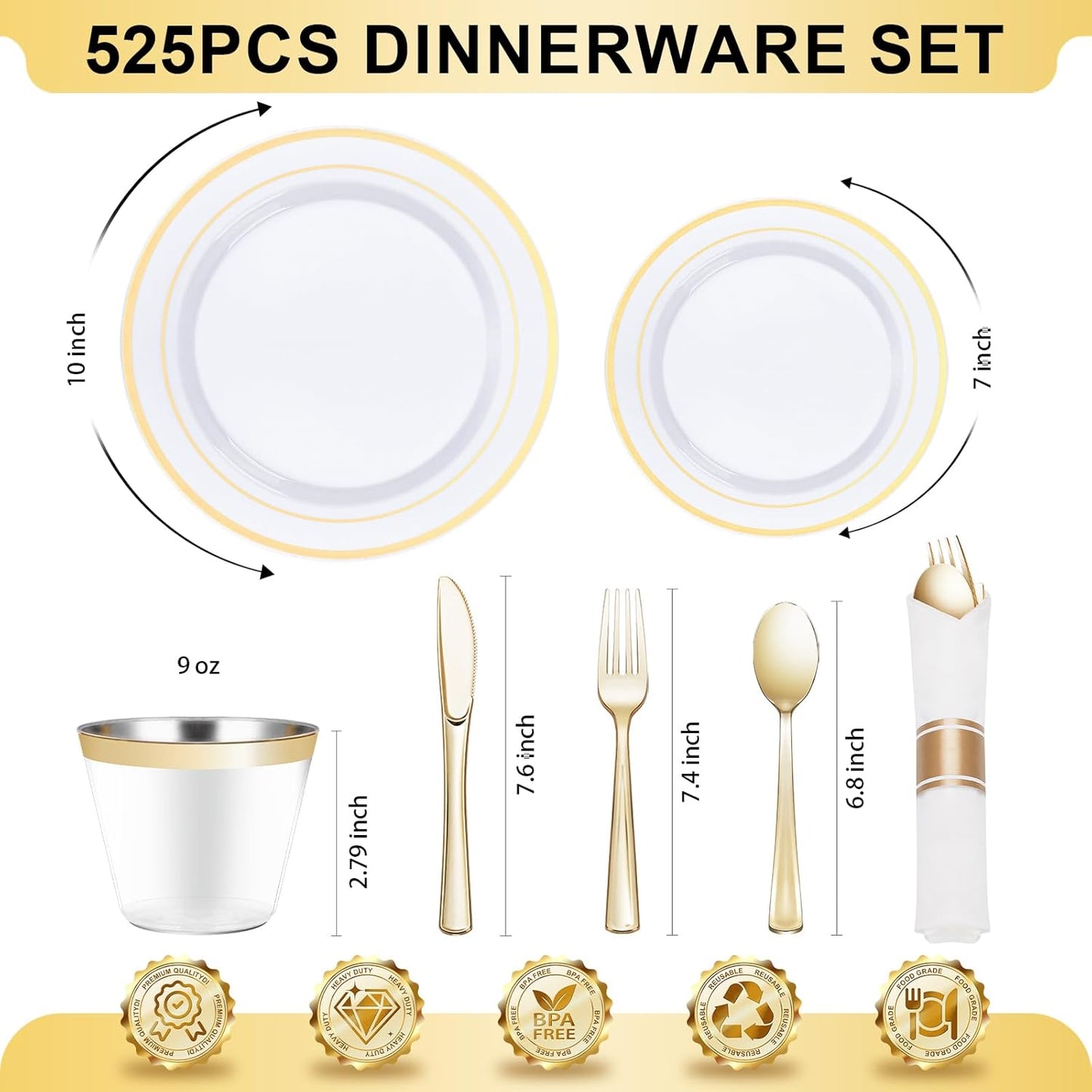 BESTVIP 450PCS Gold Dinnerware Set for 75 Guests, Plastic Plates for Party, 75 Gold Disposable Plates, 75 Dessert Plates, 75 Cups, 75 Spoons, 75 Forks and 75 Knives
