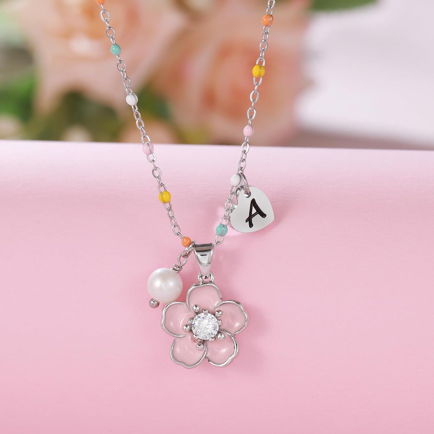 DS Flower Girl Necklace Gifts |Heart Initial Letter Flower Necklaces with Pearl Charm for Women | Personalized Wedding Proposal Bridal Shower Party Jewelry Gift | 18K Gold Plated Stainless Steel