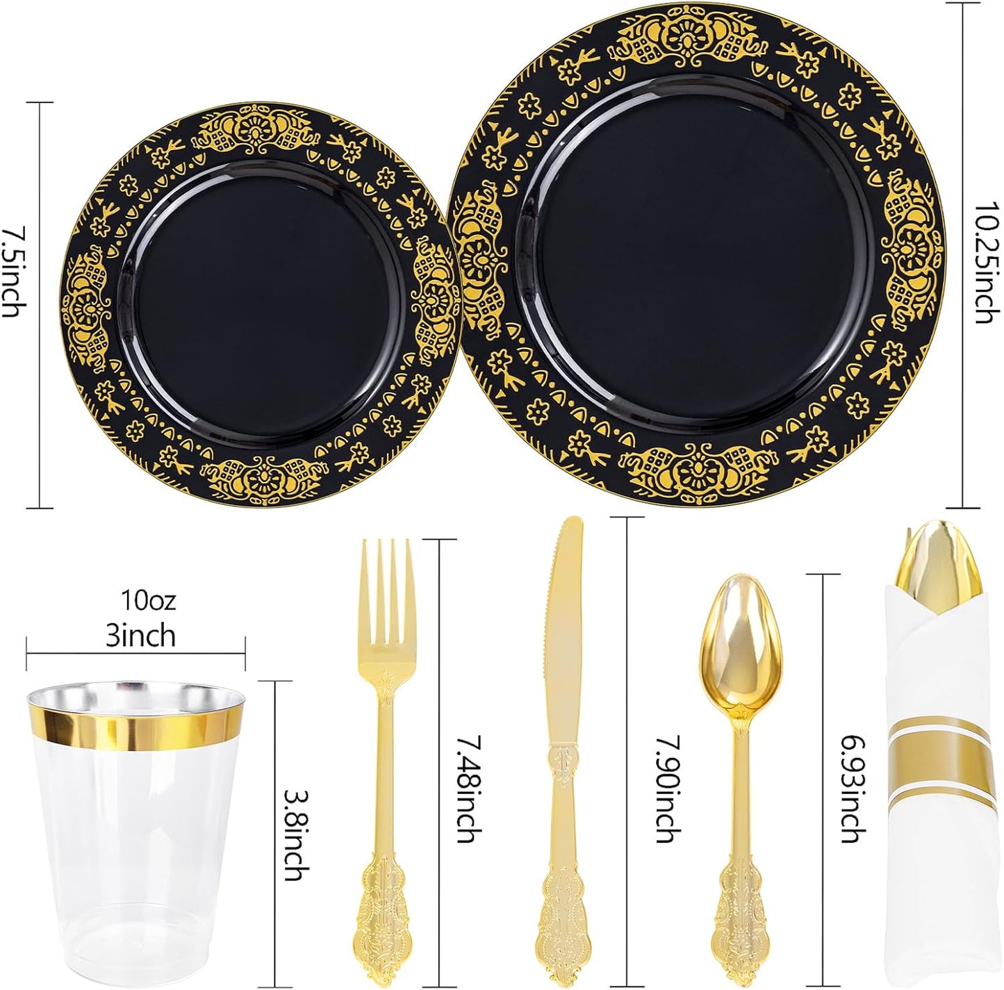 GATHER 350PCS Black and Gold Plastic Plates - Gold Disposable Dinnerware Set Include 50 Dinner Plates, 50 Dessert Plates, 150 Gold Plastic Silverware, 50 Napkins, 50 Cups for Wedding & Halloween