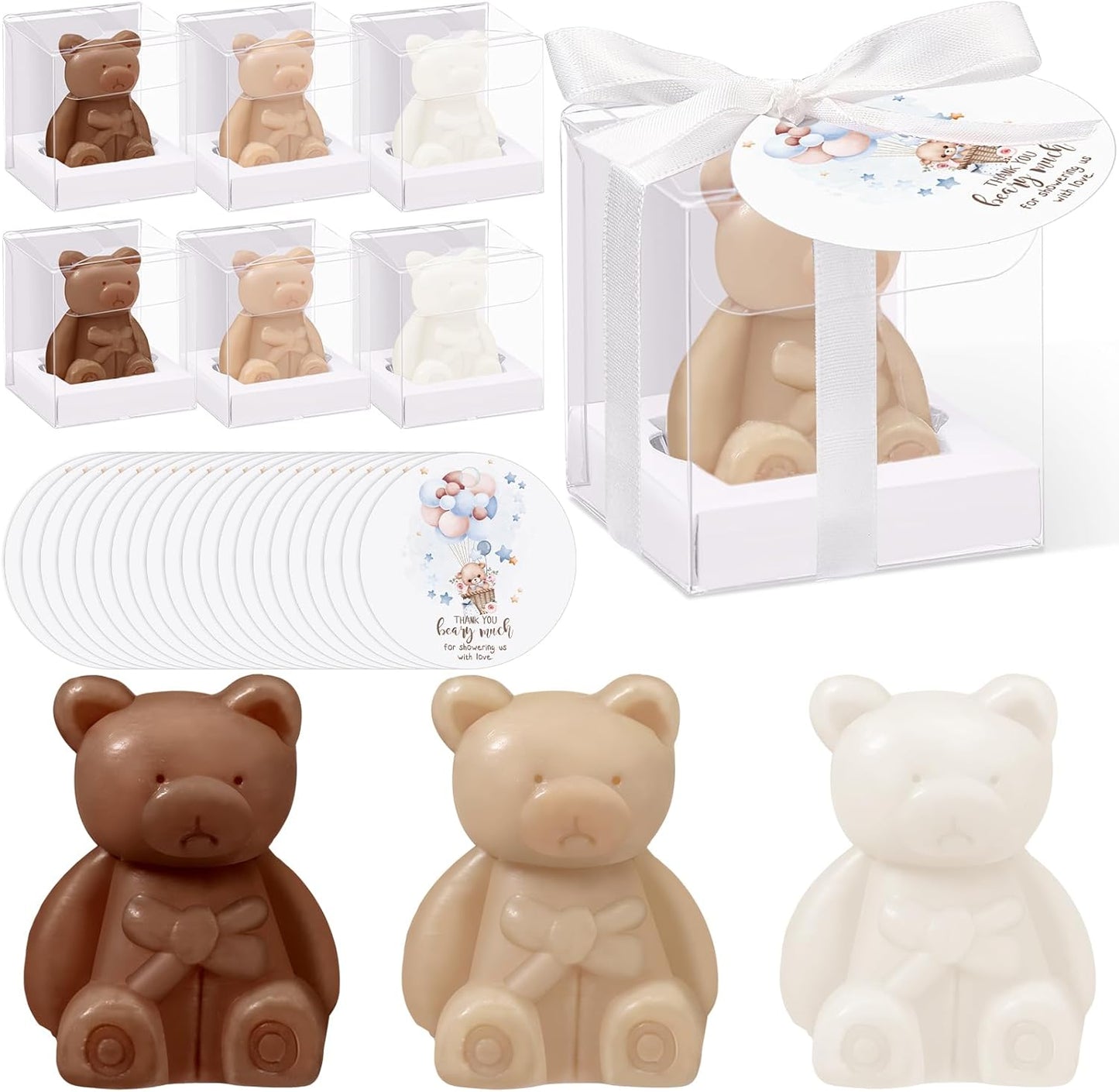 Geosar 36 Pack Bear Christmas Favors Bear Soap Gift with Thank You Cards and Boxes for Baby Shower Decoration Guest Gift Wedding Party Bridal Favors Supplies(White Brown)