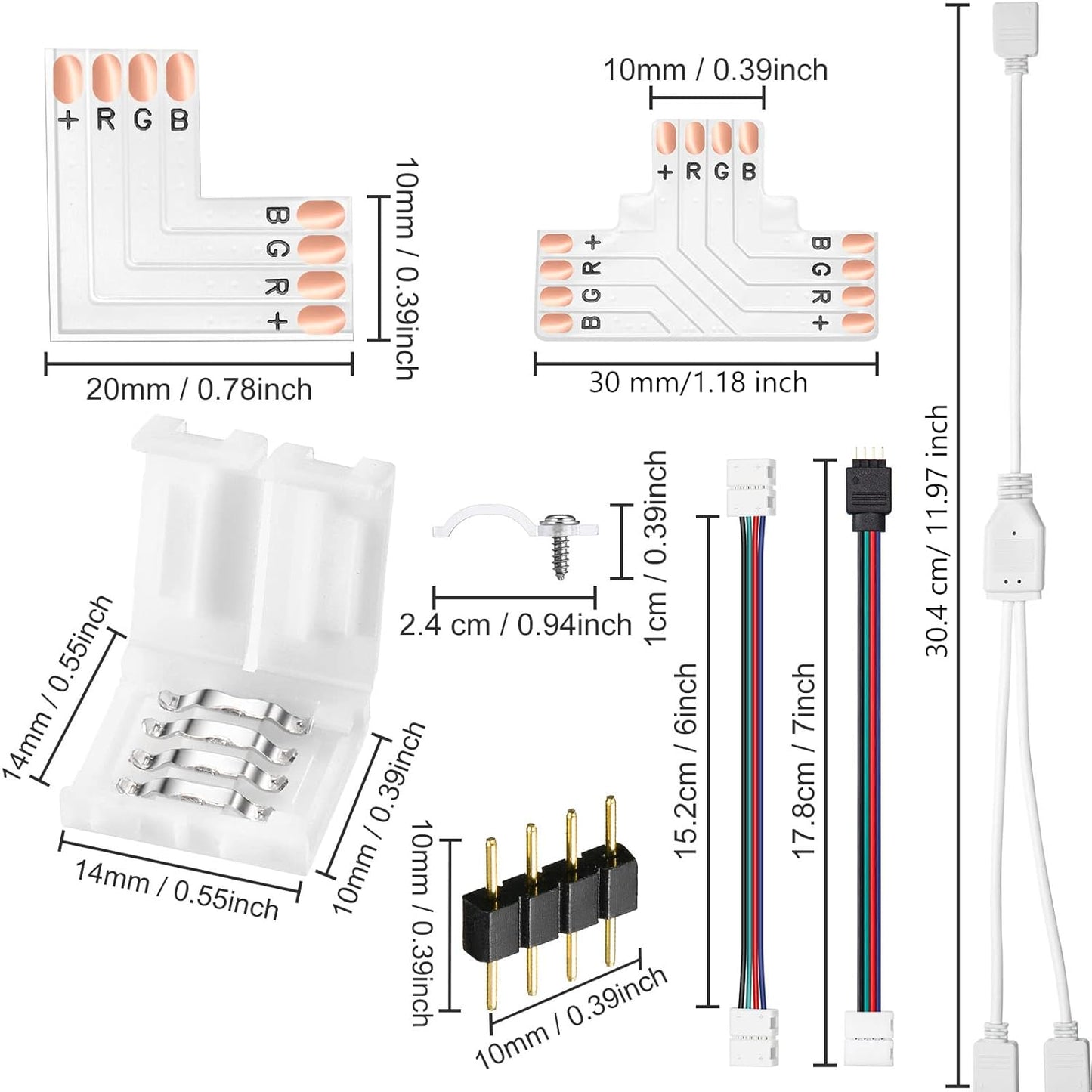 Honoson 5050 4 Pin RGB 10mm LED Strip Connector Kit RGB Extension Cable, LED Strip Jumper, 2 Way RGB Splitter Cable, L, T, Gapless, 4 Pin Male Connectors with Clips