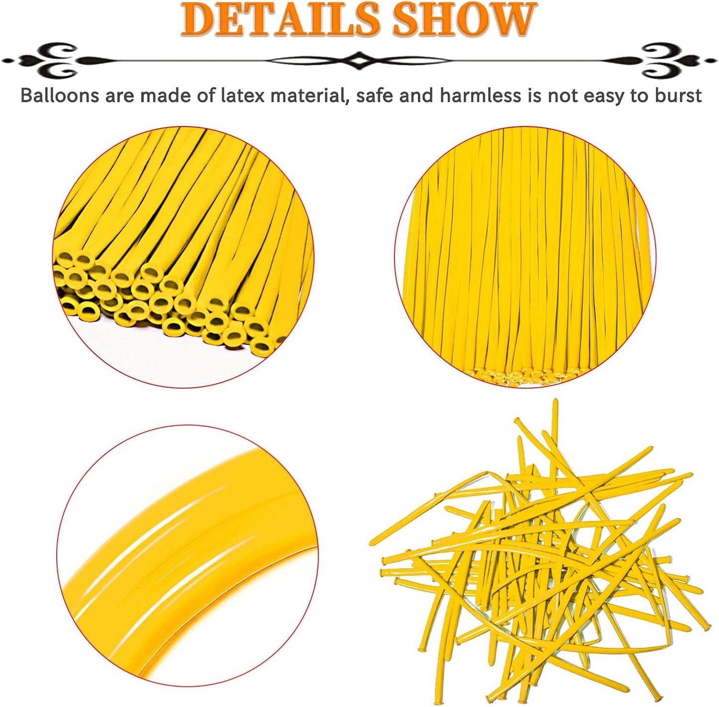 Yellow 260 Long Skinny Twisting Animal Balloons, Rainbow Balloons for Animal Shapes Carnival Festival Party Supplies 100pcs