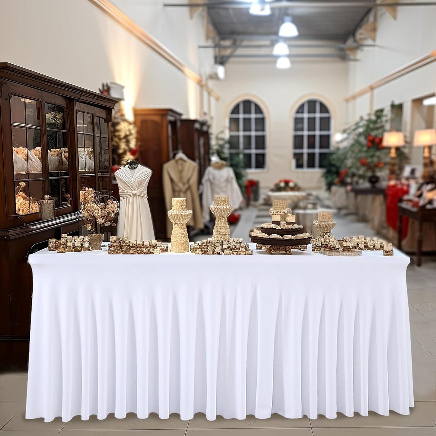 2 Packs White Table Clothes for 4 Foot Rectangle Tables, One-Piece Wrinkle Resistant Stretch Spandex Table Covers with Skirt for Event Banquet Wedding Birthday Party