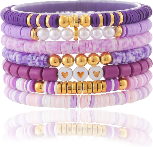 Friendship Bracelets Trendy Heishi Clay Bead Bracelets Stack Gold Beaded Stretch Bracelets for Women Boho Stackable Bracelets Bulk Cute Preppy Jewelry