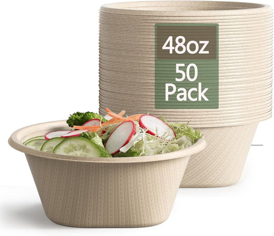 Homestockplus Large Disposable Bowl - Heavy Duty Paper Bowls - Made from Sugarcane and Bamboo Fiber, Microwave Safe - 48 Oz Paper Bowls for Soup, Salad, Ramen, Popcorn, etc.[50/Pack]
