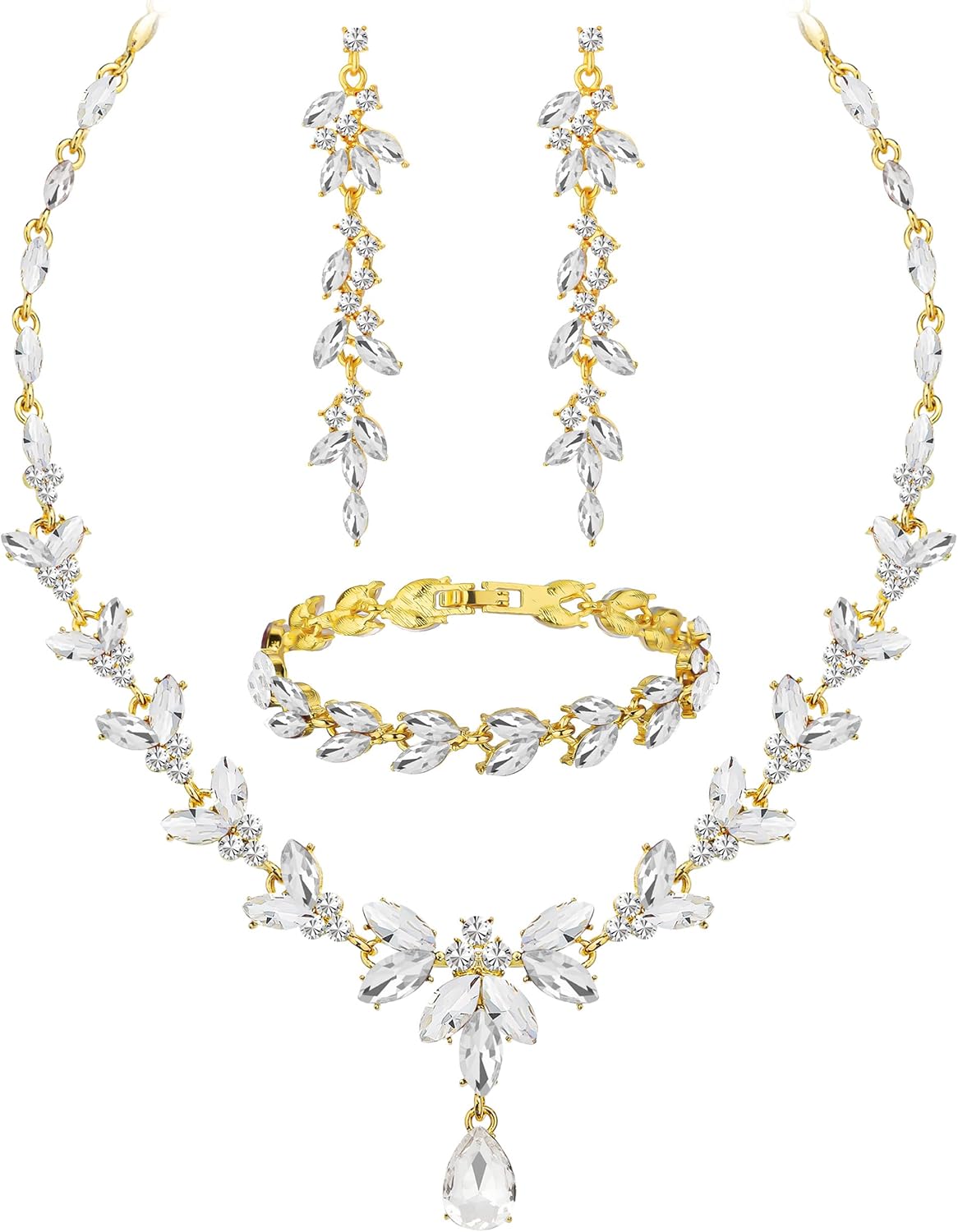 Wedding Jewelry Sets for Bride Bridesmaid Bridal Jewelry Set for Women Wedding Crystal Necklace Earrings Bracelet Set for Party Prom Jewelry