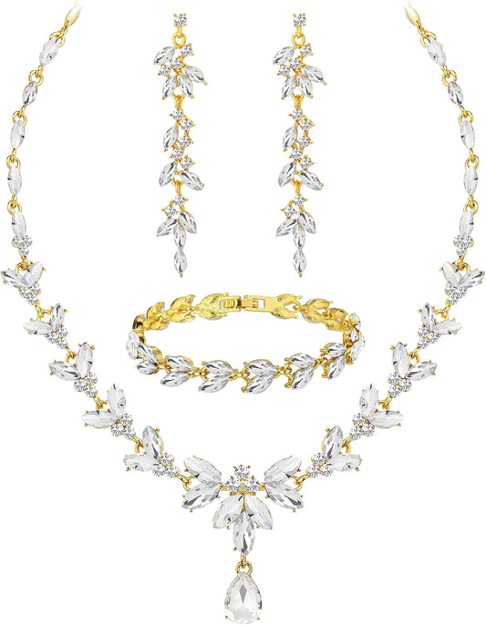 Wedding Jewelry Sets for Bride Bridesmaid Bridal Jewelry Set for Women Wedding Crystal Necklace Earrings Bracelet Set for Party Prom Jewelry