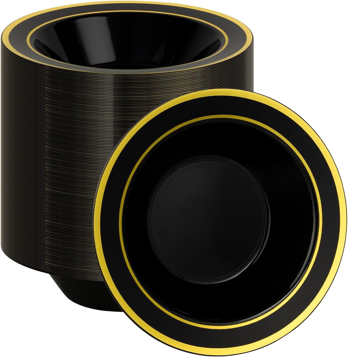 200 Pack Black Disposable Bowls with Gold Rim, 12oz Black Plastic Soup Bowls for Party, Wedding, Holiday,And Halloween