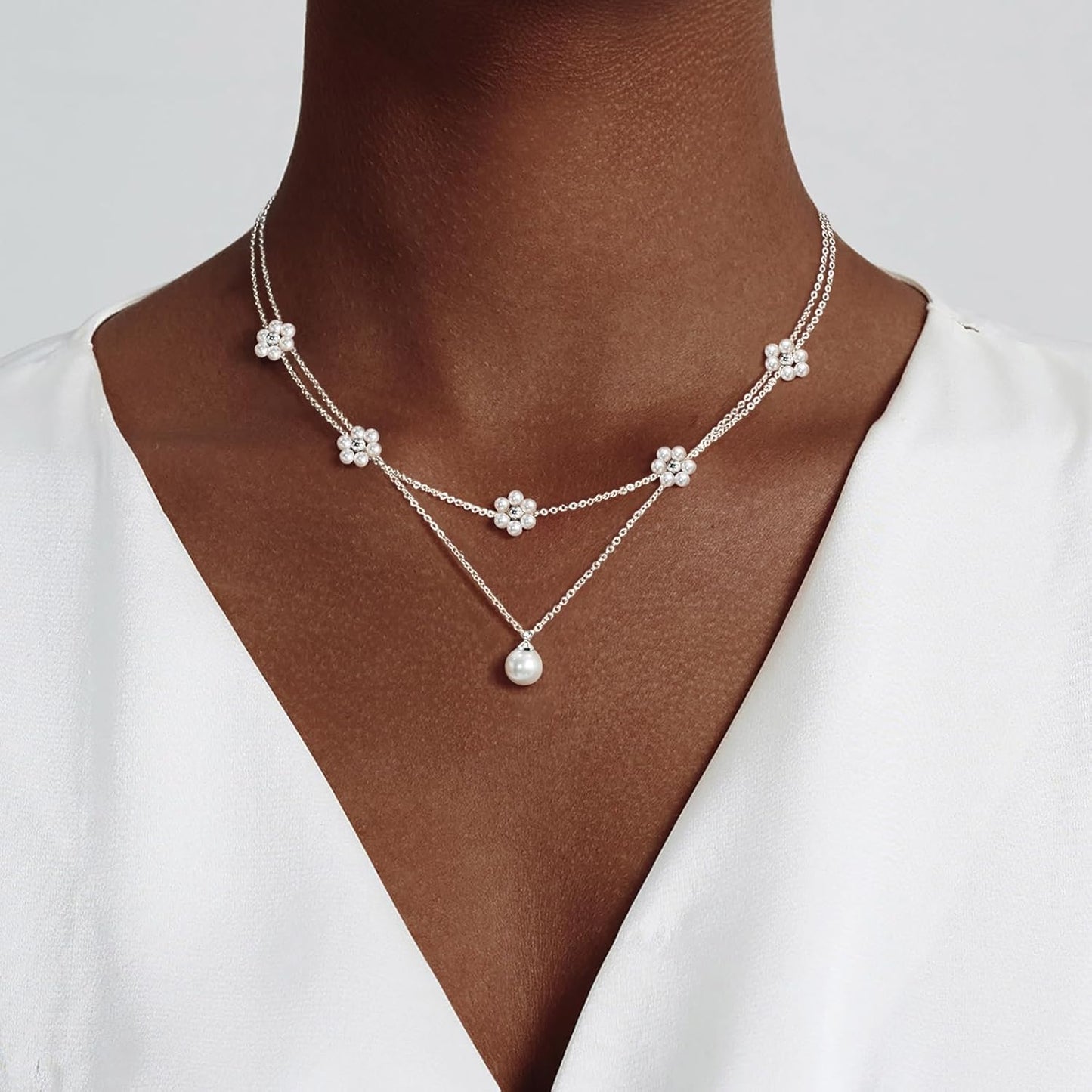 OGD Gold Pearl Necklaces Set for Women 14K Gold Plated Dainty Layered Pearl Cute Daisy Pearl Choker Gold Necklace Gifts for Women Gold Trendy Jewelry Gifts