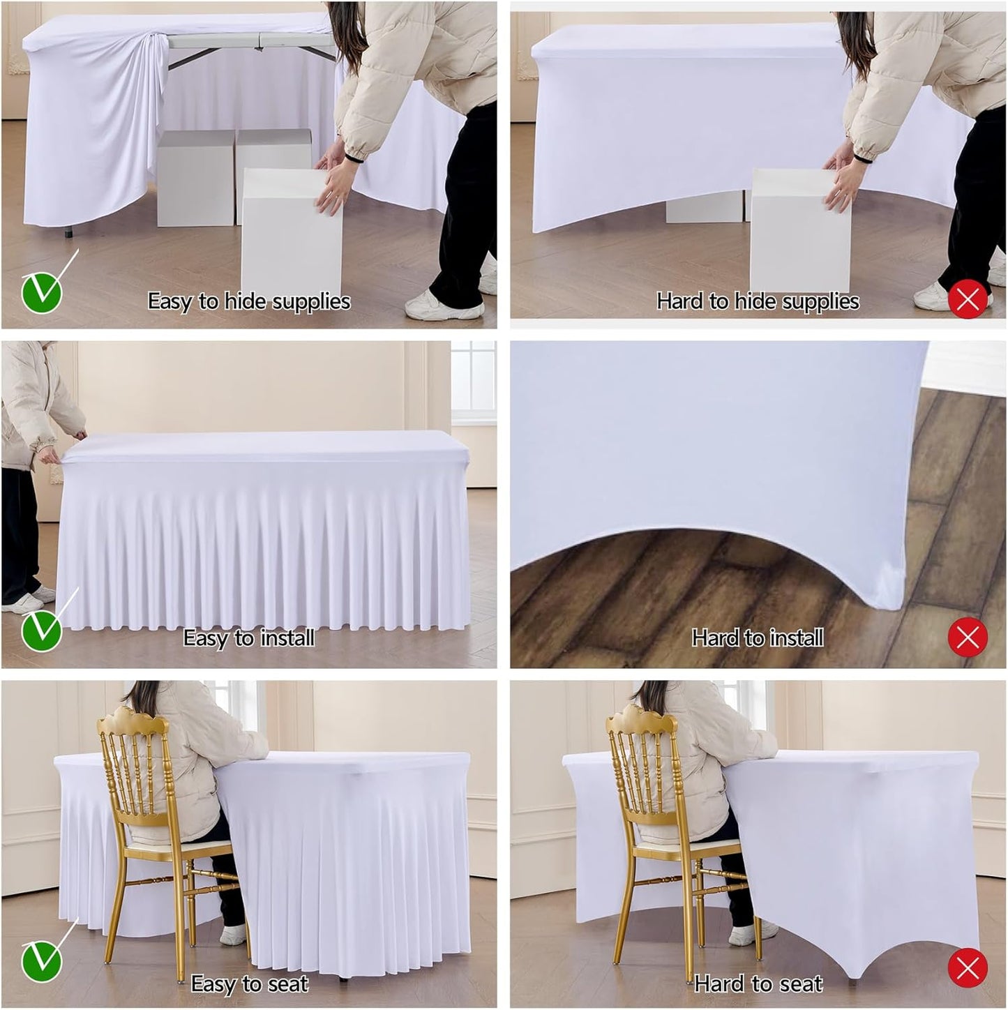 leegleri White Spandex Table Clothes for 8 Foot Rectangle Tables, 8 Pack Wrinkle Free Rectangle Table Cloth 8ft Stretch Fitted Tablecloths with Skirt for Parties Weddings Birthday Banquet Baby Shower