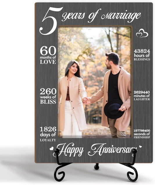 5 Years of Marriage Picture Frame, 5th Anniversary Wedding Valentines Gifts For Couple Husband Wife, 4x6 Wooden Picture Frame Tabletop Display Home Decor -02