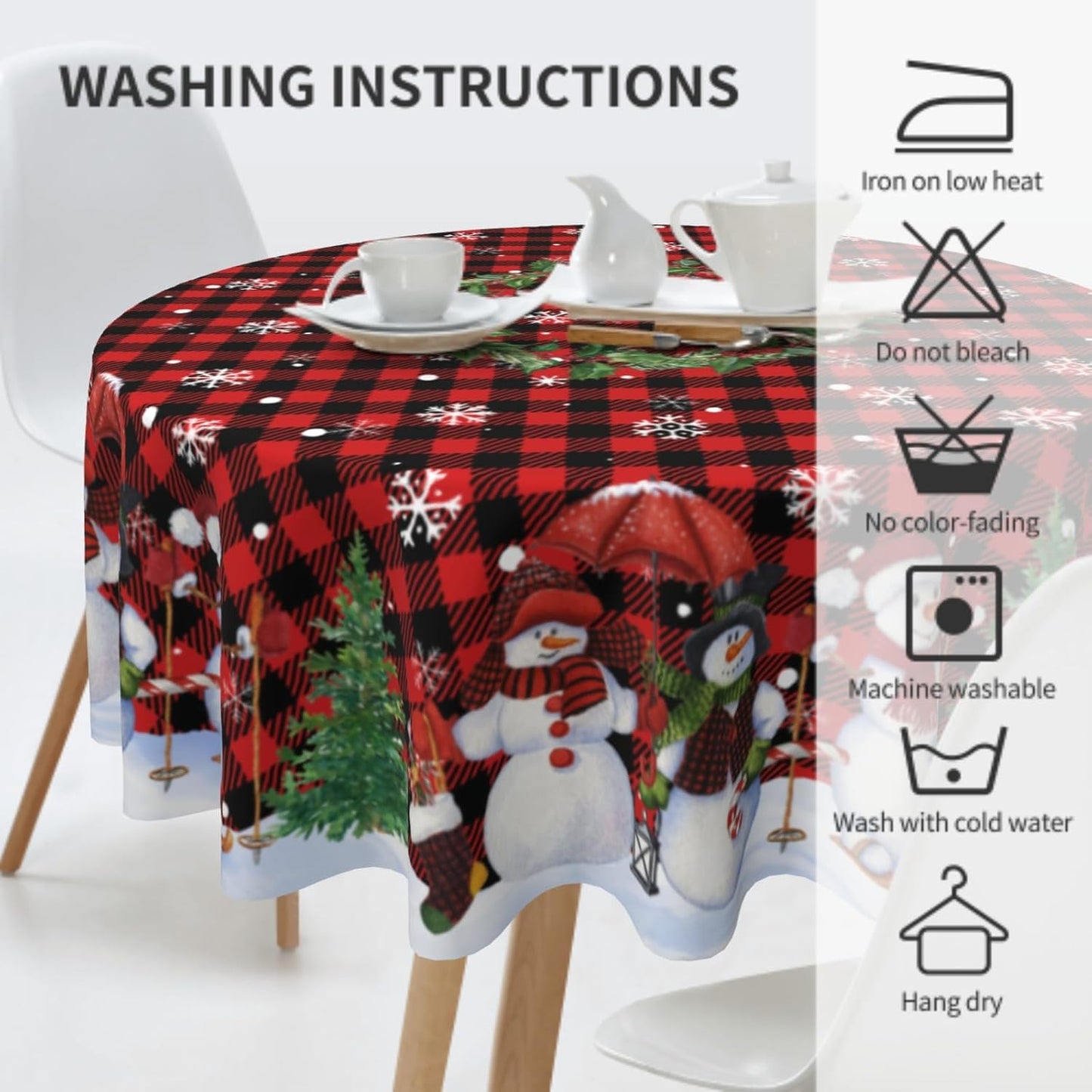 Giwawa Snowman Round Tablecloth 60Inch Winter Snowflakes Christmas Tree Table Cloth with Red Black Buffalo Plaids Xmas Holly Berries Table Cover Reusable Waterproof for Kitchen Dining Holiday Decor