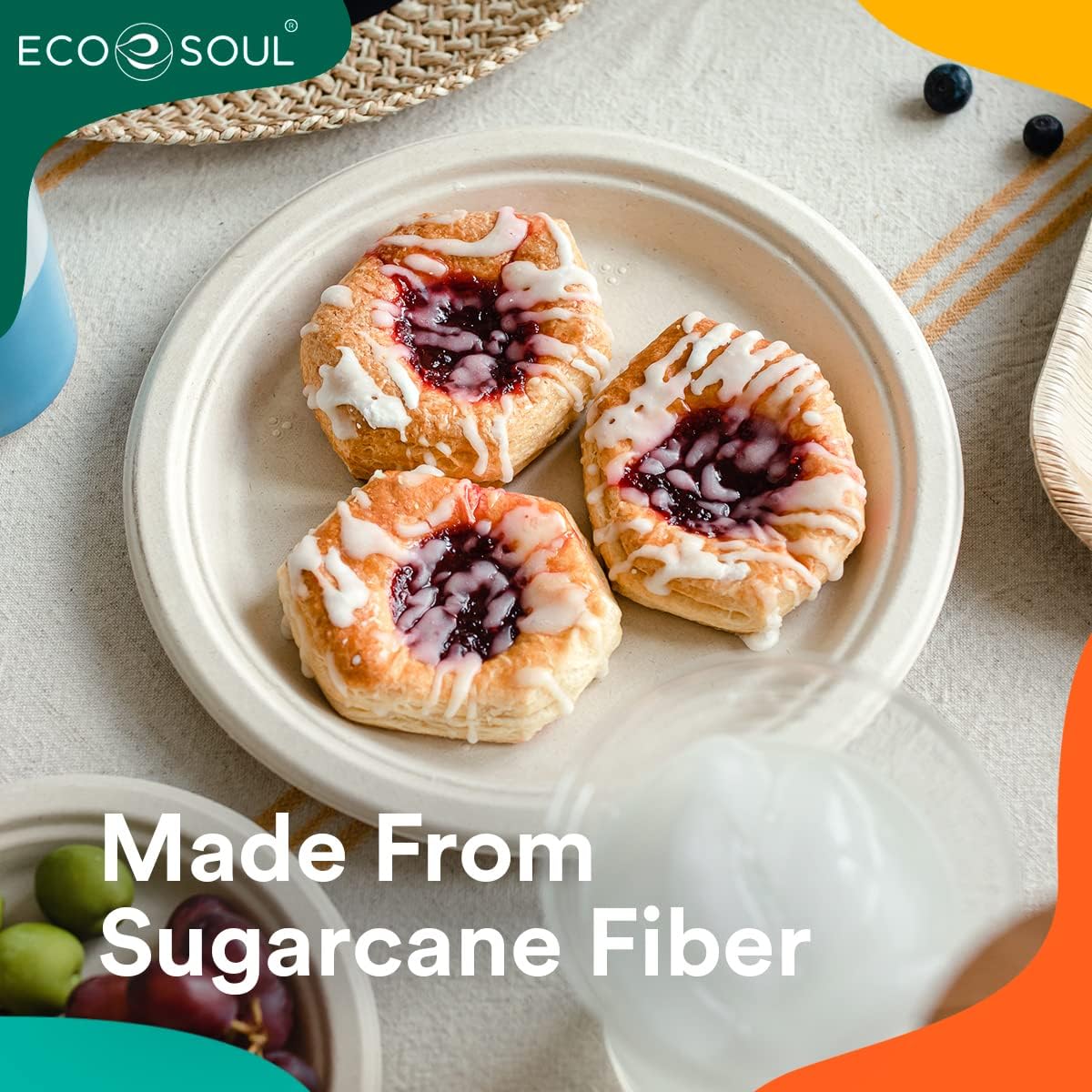 ECO SOUL Compostable 9 Inch(100-Pack) Biodegradable Disposable Paper Plates | Eco-Friendly Dinner, Party, Wedding, Event (100)