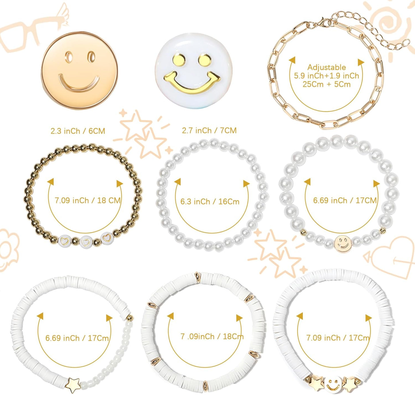 Preppy Bracelets Set Colorful White Gold Smile Heart Star Polymer Beaded Pearl Clay Stackable Charm Y2K Kidcore Aesthetic Summer Beach Bohemian Stretch Layering Bracelets Jewelry for Girls Women Teens