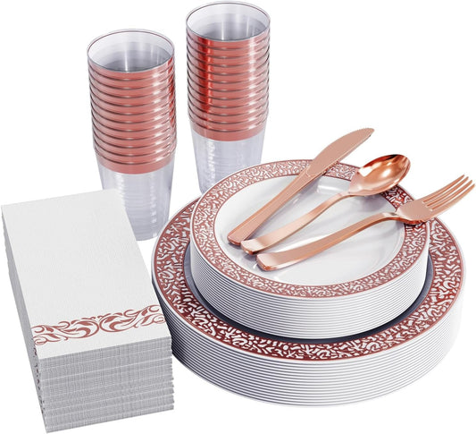 FOCUSLINE 175 Ct Rose Gold Dinnerware Set for 25 Guests, Plastic Plates with Rose Gold Lace Rim Design, Including 25 Disposable Dinner & Dessert Plates, Cups, Napkins, Cutlery Set