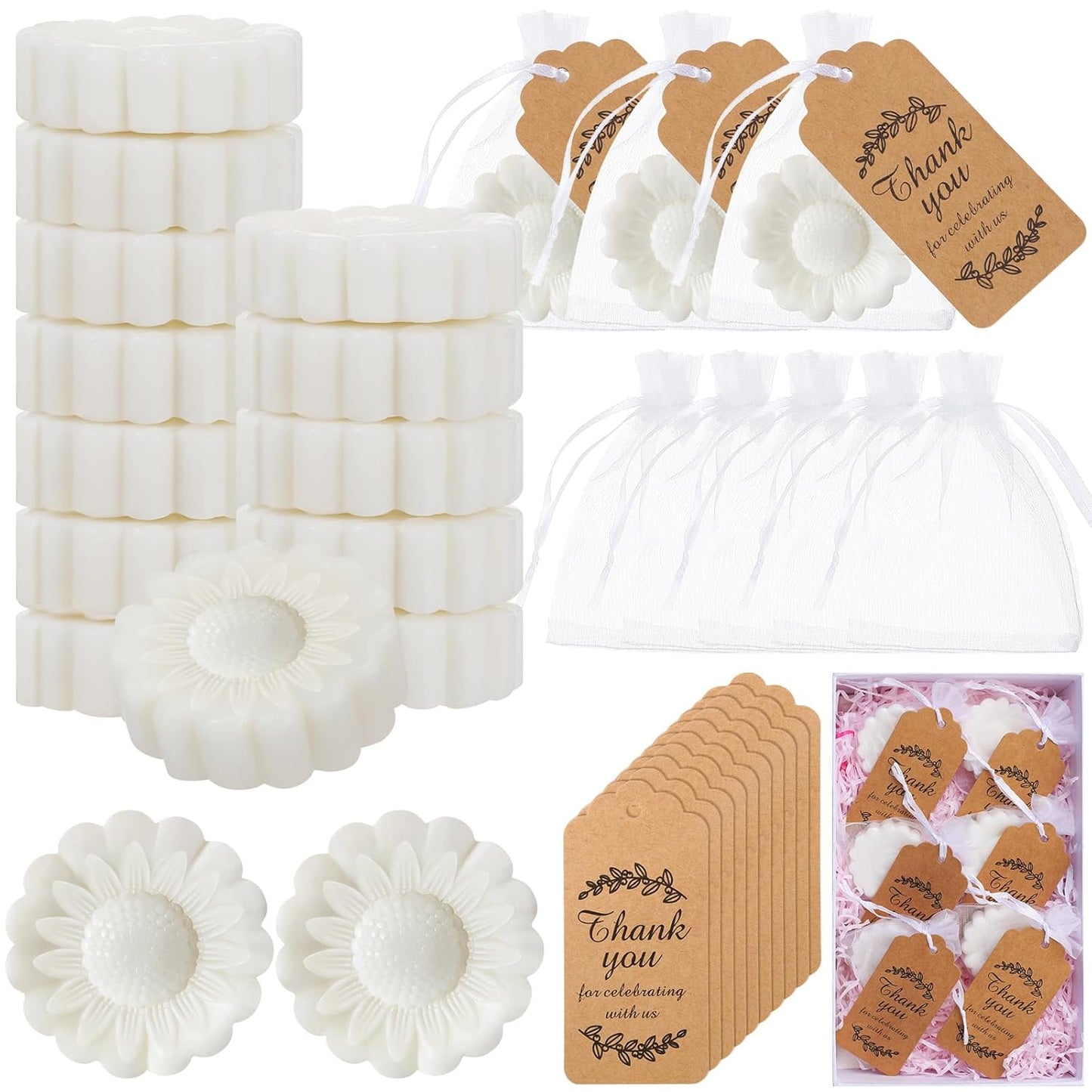 25 Set Sunflower Mini Soap for Wedding Party Favors Bridal Shower Favors Baby Shower Soap Guests Gifts Small Handmade with Drawstring Organza Bags and Thank You Cards(White)