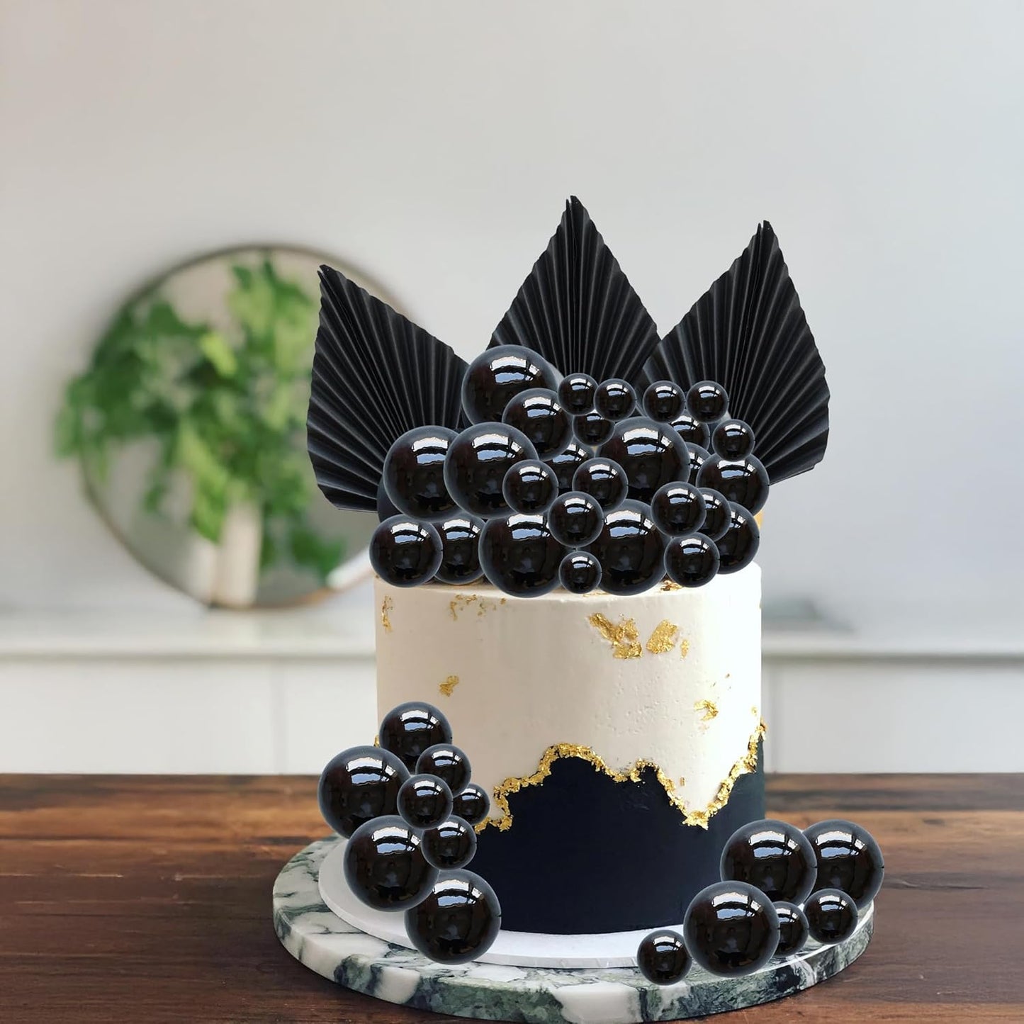 Ephlyn 28Pcs Paper Palm Fan Cake Topper Balls Cake Pick for Baby Shower Wedding Bridal Shower Birthday Party DIY Cake Decorations Supplies Black