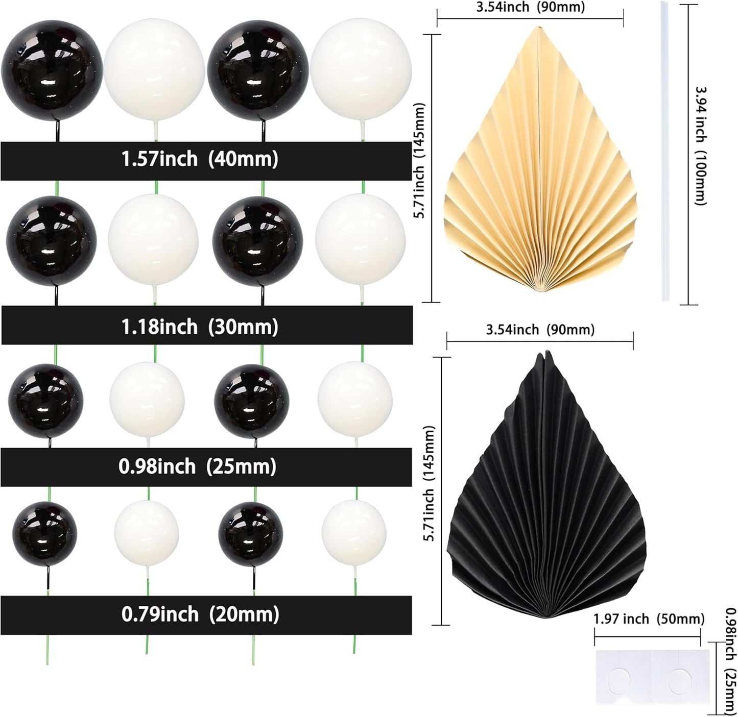 Ephlyn 28Pcs Paper Palm Fan Cake Topper Balls Cake Pick DIY Cake Decorations for Baby Shower Wedding Bridal Shower Birthday Party Supplies White Black