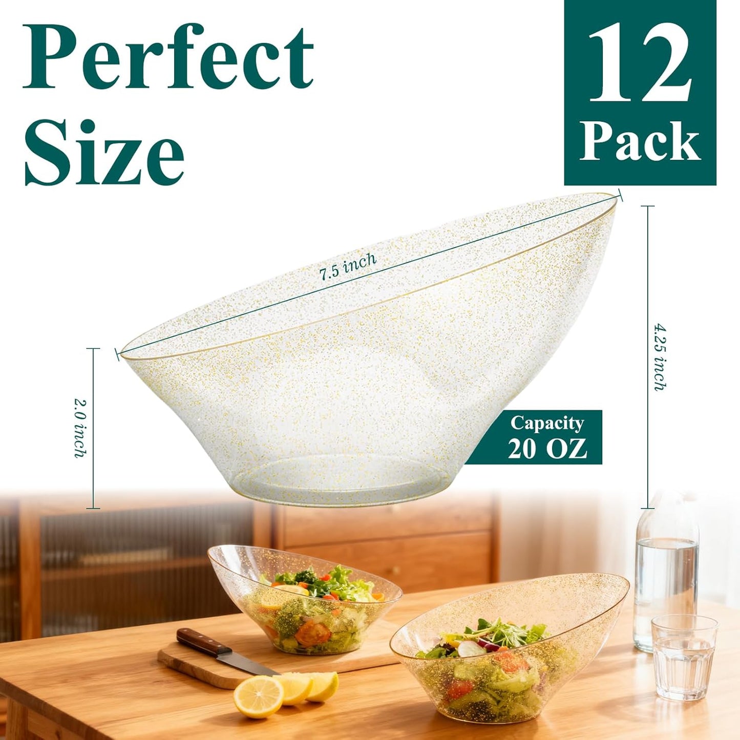 12pack Gold Serving Bowls，20oz Disposable Angled Plastic Candy Bowl, Medium Snack Bowls for Weddings Catering,Party,Dinners,Catering and Everyday Use