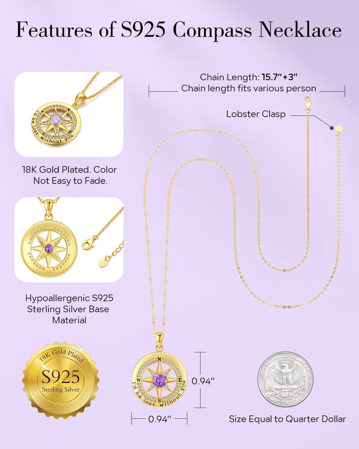 S925 Necklace Gift for Wife |Compass Jewelry |Women Anniversary |Sterling Silver |Girlfriend Birthday Gifts for Her Valentines |I'd be Lost without You |Jewel 18K Gold