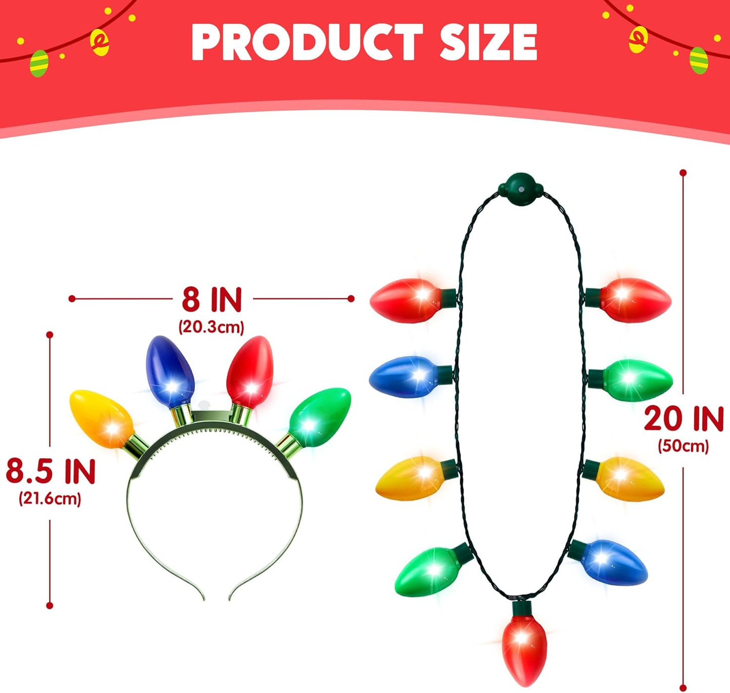 JOYIN 6 Pcs Christmas Light Up Headband and Necklace with 6 Flashing Modes, LED Christmas Bulb Lights Necklace Headband for Kids Women Men Xmas Party Supplies Accessories