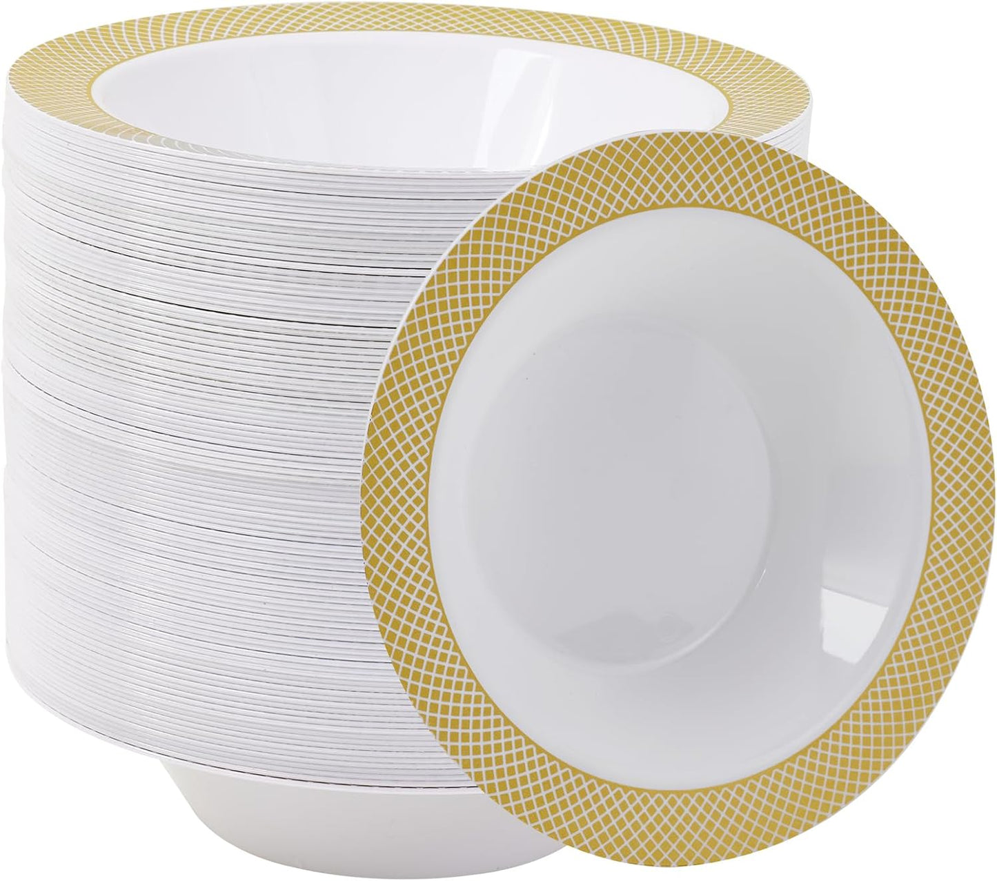 JOLLY CHEF 100 Disposable Plastic Bowls, 12oz Heavy Duty Disposable Dinner Bowls, Dessert Bowls with Gold Rim for Parties, Dinners, Catering, Thanksgiving and Everyday Use