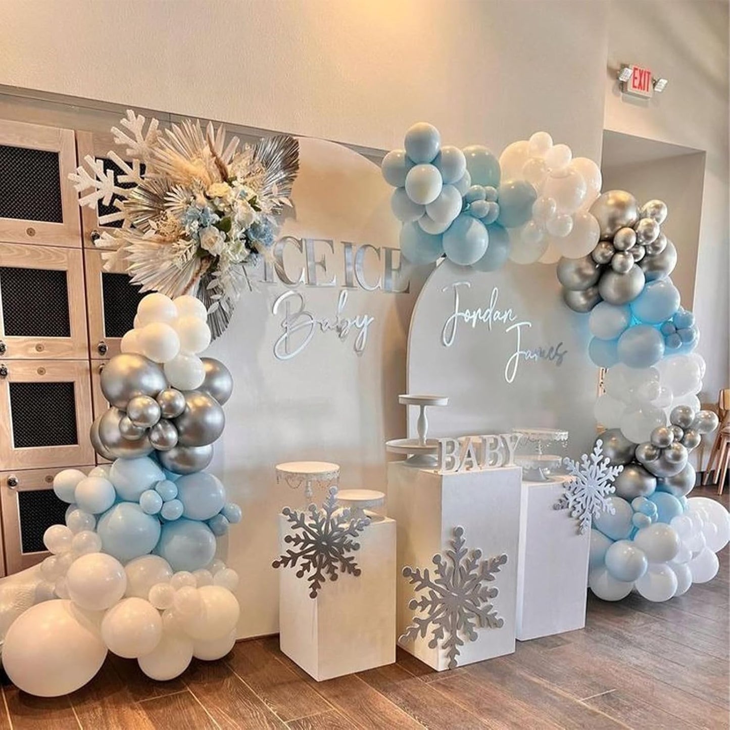 Blue and White Balloons, 12 Inch Snowflake Double Stuffed Dusty Pastel Light Baby Blue Pearl White Silver Clear Latex Balloons for Winter Wonderland Christmas Snow Baby Shower Birthday Party Decor