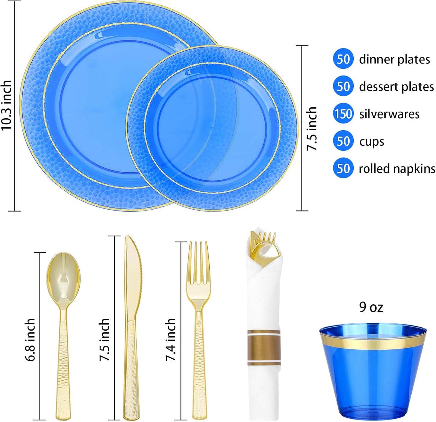 350PCS Clear Blue Plastic Plates for 50 Guests, Disposable Dinnerware Set for Party and Graduation, Includes 100 Plastic Plates, 50 Pre Rolled Napkins with Gold Silverware, 50 Cups