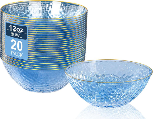 I00000 20 Pack 12 Ounce Blue Plastic Bowls Hammered Gold Rimmed Crystal Like, Heavy duty Disposable Bowl Set,Elegant Soup/Salad/Dessert/Ice Cream Bowls For Thanksgiving Party, Weddings, Catering
