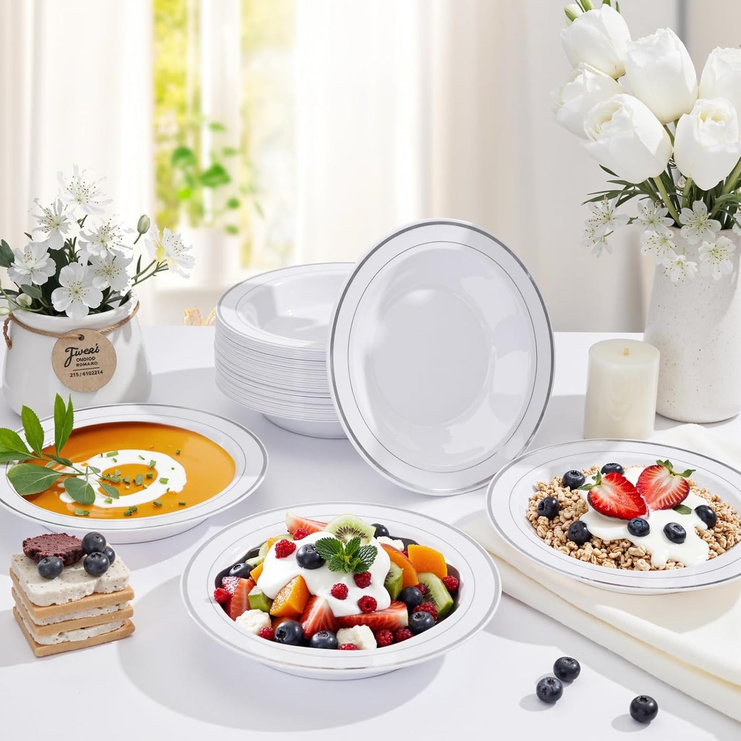 bUCLA 60 Pack Plastic Bowls with Silver Rim - 12 oz Plastic Soup Bowls Disposable for Party, Wedding, Christmas & Gathering