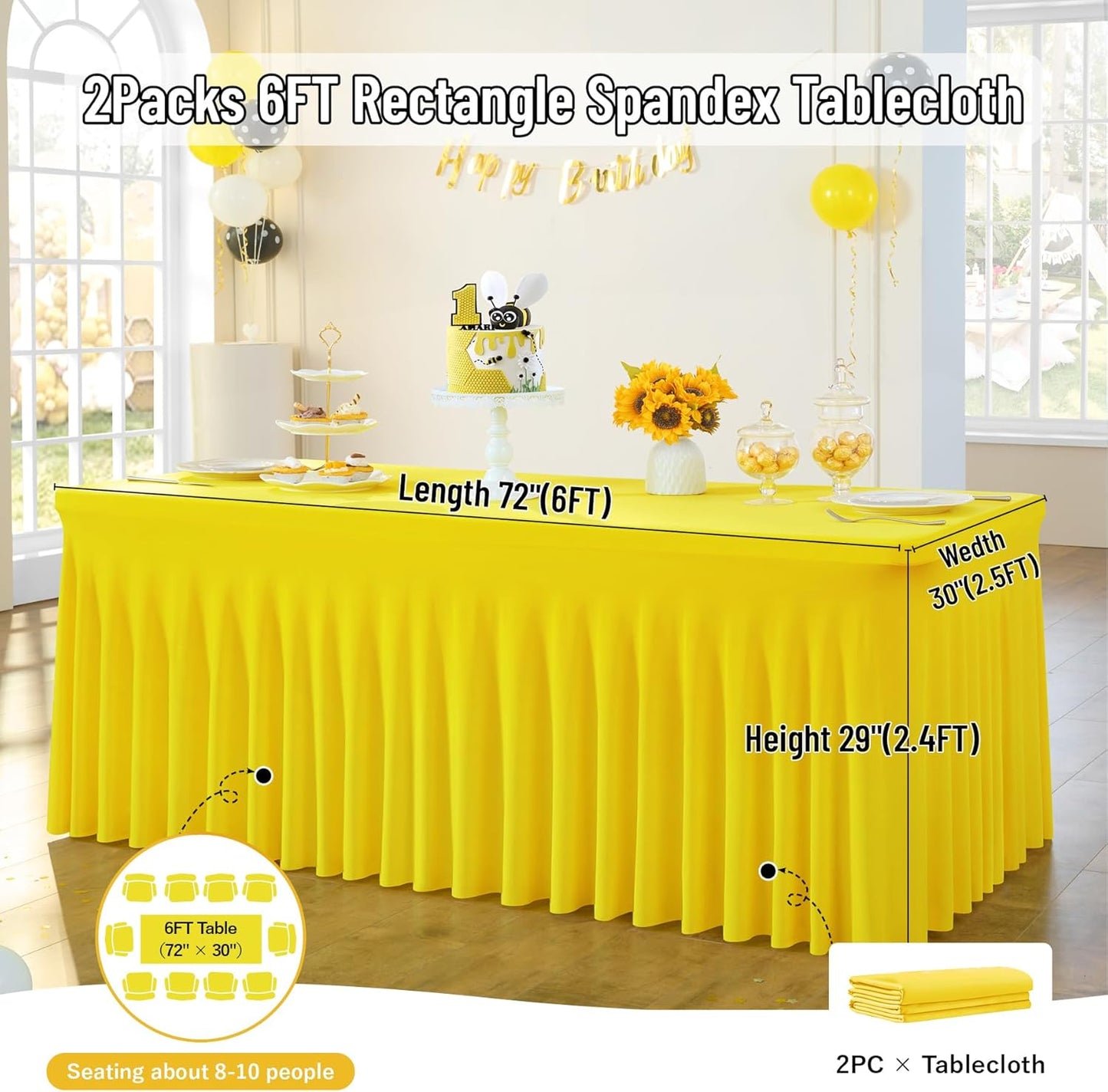 Leegleri 2 Pack Yellow Spandex Fitted Table Clothes for 6 Foot Rectangle Tables - Wrinkle Free, Perfect for Banquets, Weddings & Parties