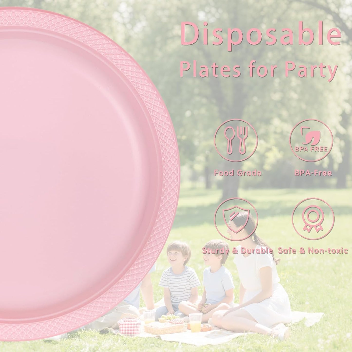 WELLIFE 10 Inch Plastic Plates Pink 50 Count Disposable Plate for Party, Large Big Plates for Dinner Party Supplies Birthday Camping BBQ Valentine's Day, Mother's Day