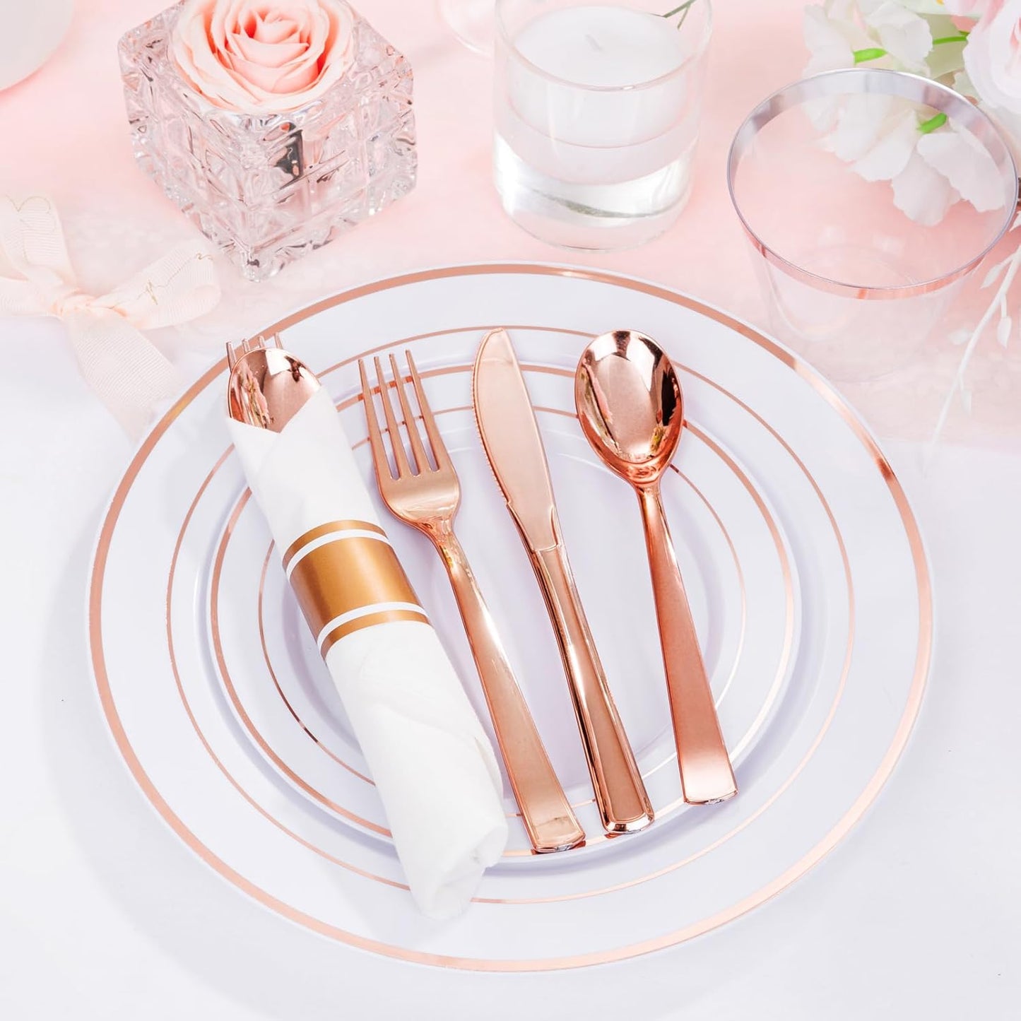 DaYammi 350PCS Rose Gold Plastic Dinnerware Set for 50 Guests, Plastic Plates for Party Include: 50 Dinner Plates, 50 Dessert plates,50 Pre Rolled Napkins with Rose Gold Silverware,50 Cups for Wedding