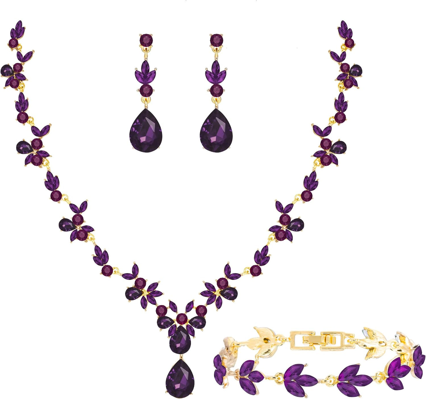 Bridal Wedding Elegant Floral Jewelry Set for Women/Brides/Bridesmaids Crystal Jewelry Set for Wedding Prom Party Bridal Crystal Necklace Earrings Bracelet Set