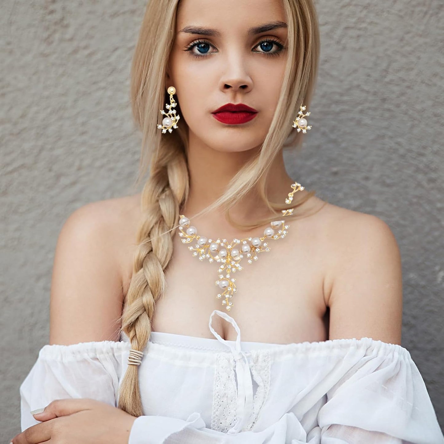 Jewelry Set for Women, Pearl Necklace Dangle Earrings Set Allergy Free Wedding Party Jewelry for Bridal Bridesmaid