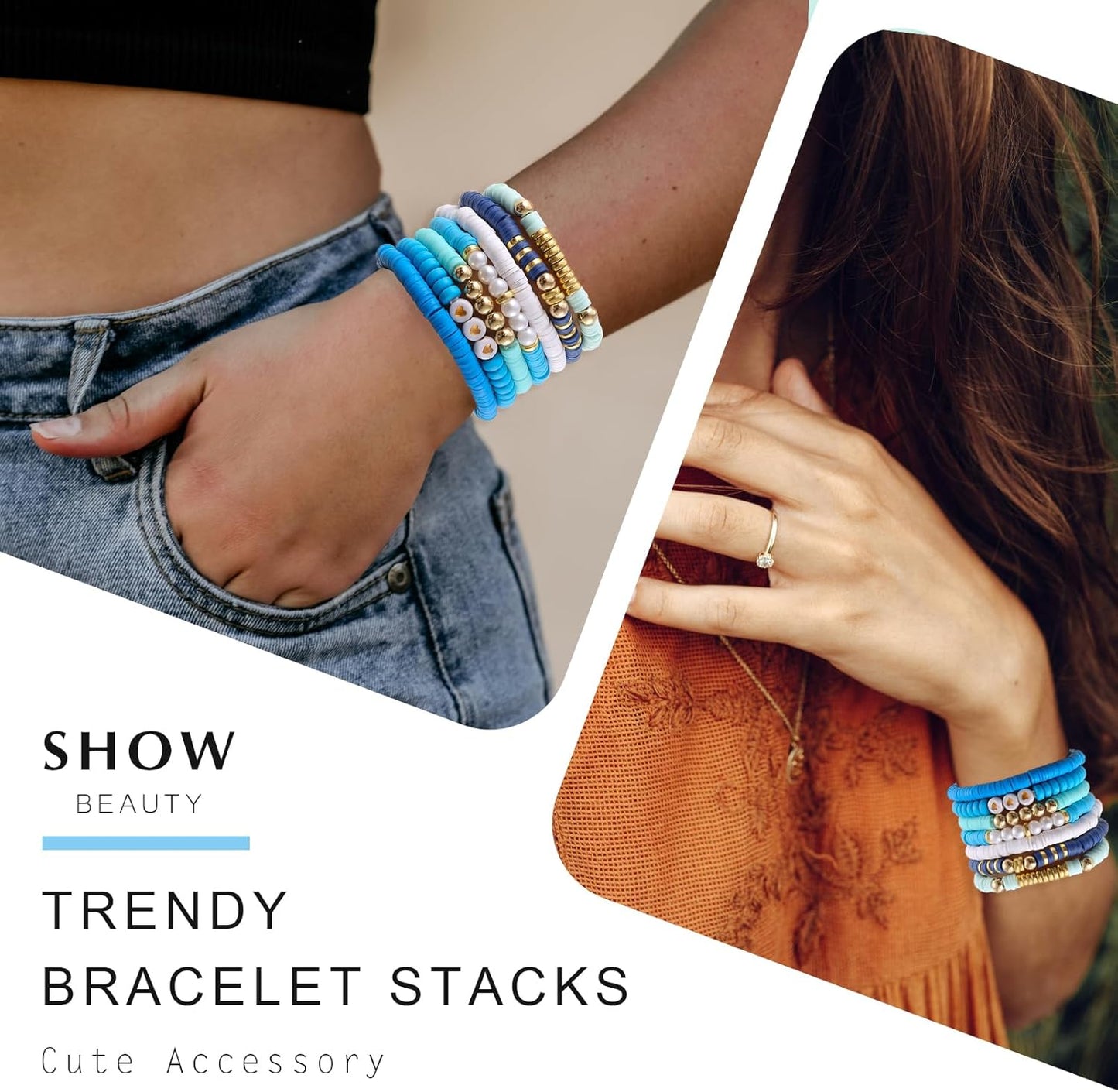 Friendship Bracelets Trendy Heishi Clay Bead Bracelets Stack Gold Beaded Stretch Bracelets for Women Boho Stackable Bracelets Bulk Cute Preppy Jewelry