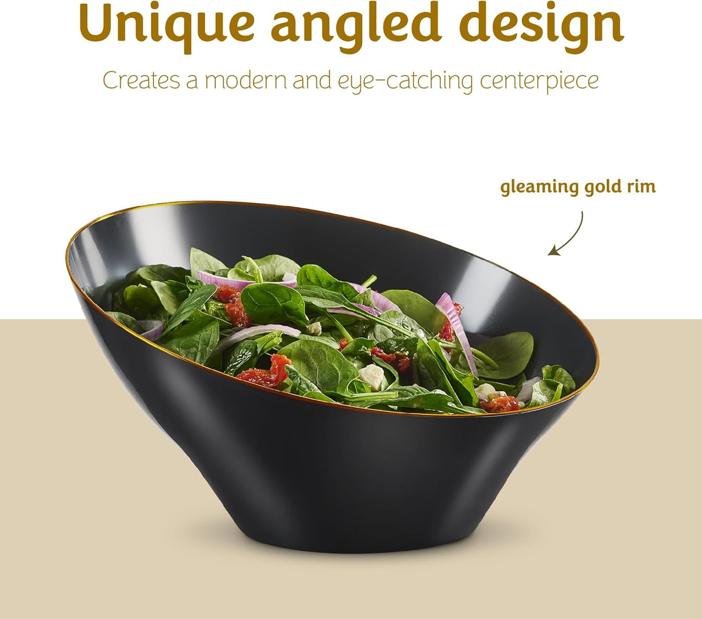 PLASTICPRO Angled Plastic Bowls Disposable Large Plastic Black Serving Bowls with Gold Rim for Party for Appetizer Salads Pack of 4