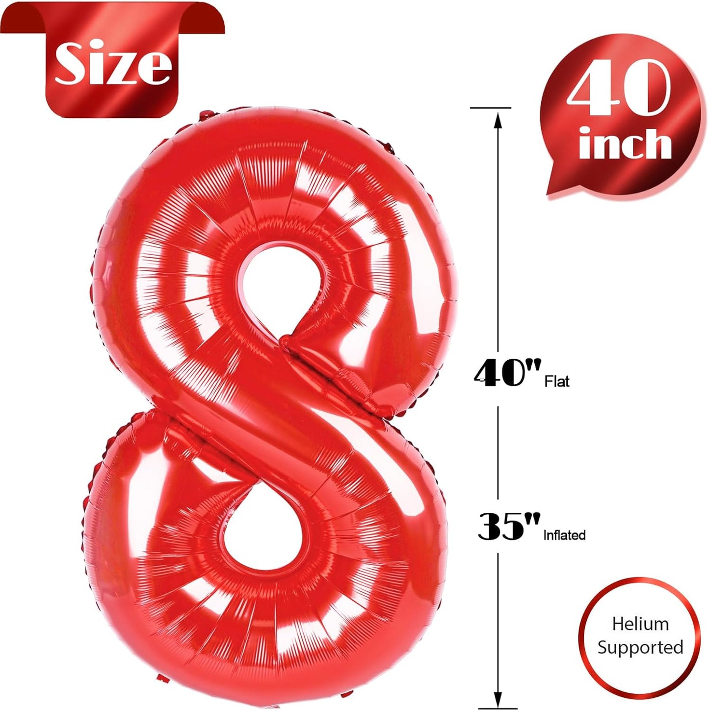 Red 8 Balloon, Number Balloon 40 Inch, Red Birthday Decorations, 8 18 28 38 80 Birthday Balloons, 8th Party Supplies, Number 8 Balloon