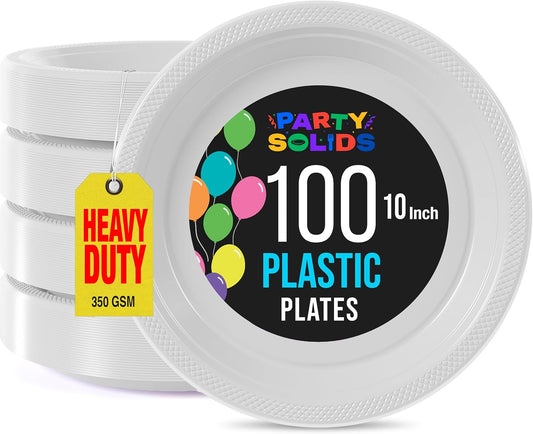 Exquisite Party Solids White Plastic Plates For Party 10" White Disposable Plates Heavy Duty 100 Pcs Plastic Dinnerware Sets Heavy Duty 350 GSM Disposable Dinnerware Set