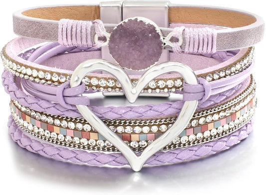 Leather Wrap Bracelet for Women Beaded Cuff Bracelet with Heart-shape Decor Bohemian Crystal Bracelet Jewelry with Clasp Bangle Bracelet for Women Girls Birthday Holiday Gift