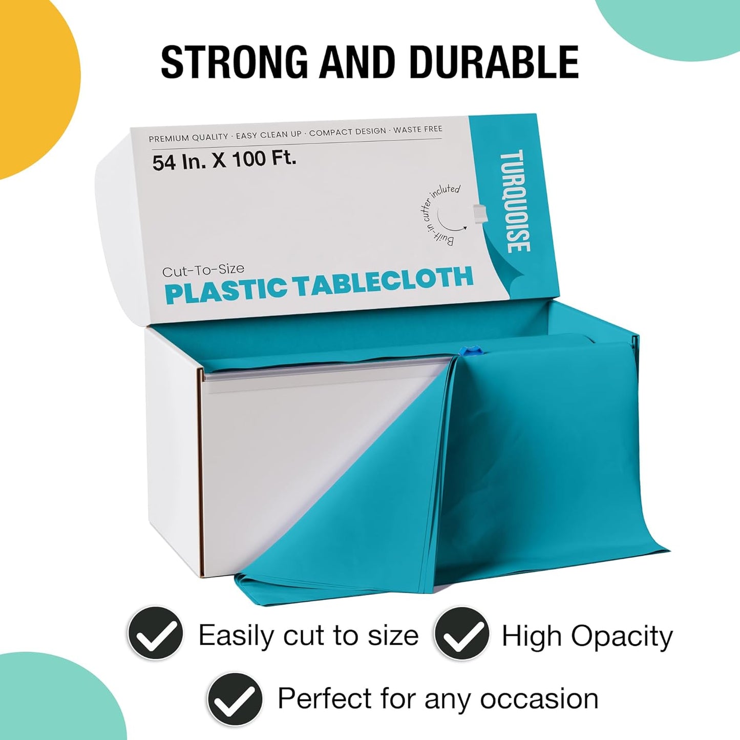 Party Solids 54 Inch X 100 Feet Turquoise Plastic Table Cover Roll in A Cut - to - Size Box with Convenient Slide Cutter. Cuts Up to 12 Rectangle 8 Feet Plastic Disposable Tablecloths