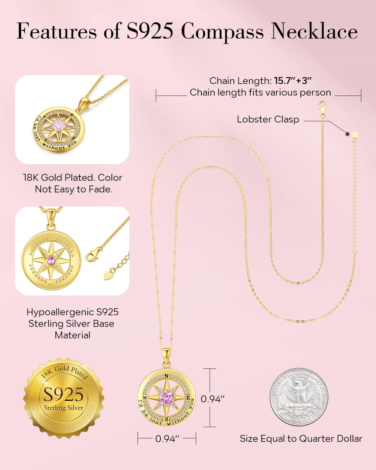 S925 Necklace Gift for Wife |Compass Jewelry |Women Anniversary |Sterling Silver |Girlfriend Birthday Gifts for Her Valentines |I'd be Lost without You |Jewel 18K Gold