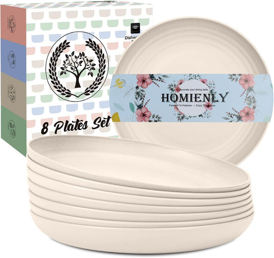 Homienly Wheat Straw Plates 8 PCS Unbreakable Dinner Plates - 10 inch Dishwasher & Microwave Safe Plastic Plates Reusable Lightweight Roud Plates, Plates for Kitchen, Dinner, Outdoor,Picnic (Beige)