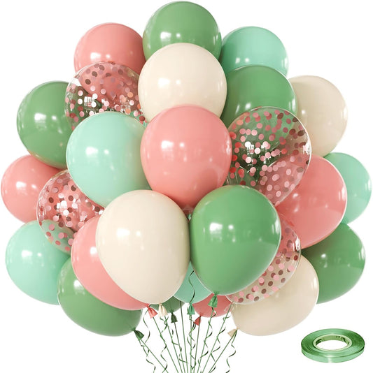 Sage Green and Dusty Pink Balloons,60pcs 12 Inch Avocado Green Sand White Rose Gold Confetti Balloons, Blush Pink for Birthday Wedding Garden Tea Party Baby Shower Decorations