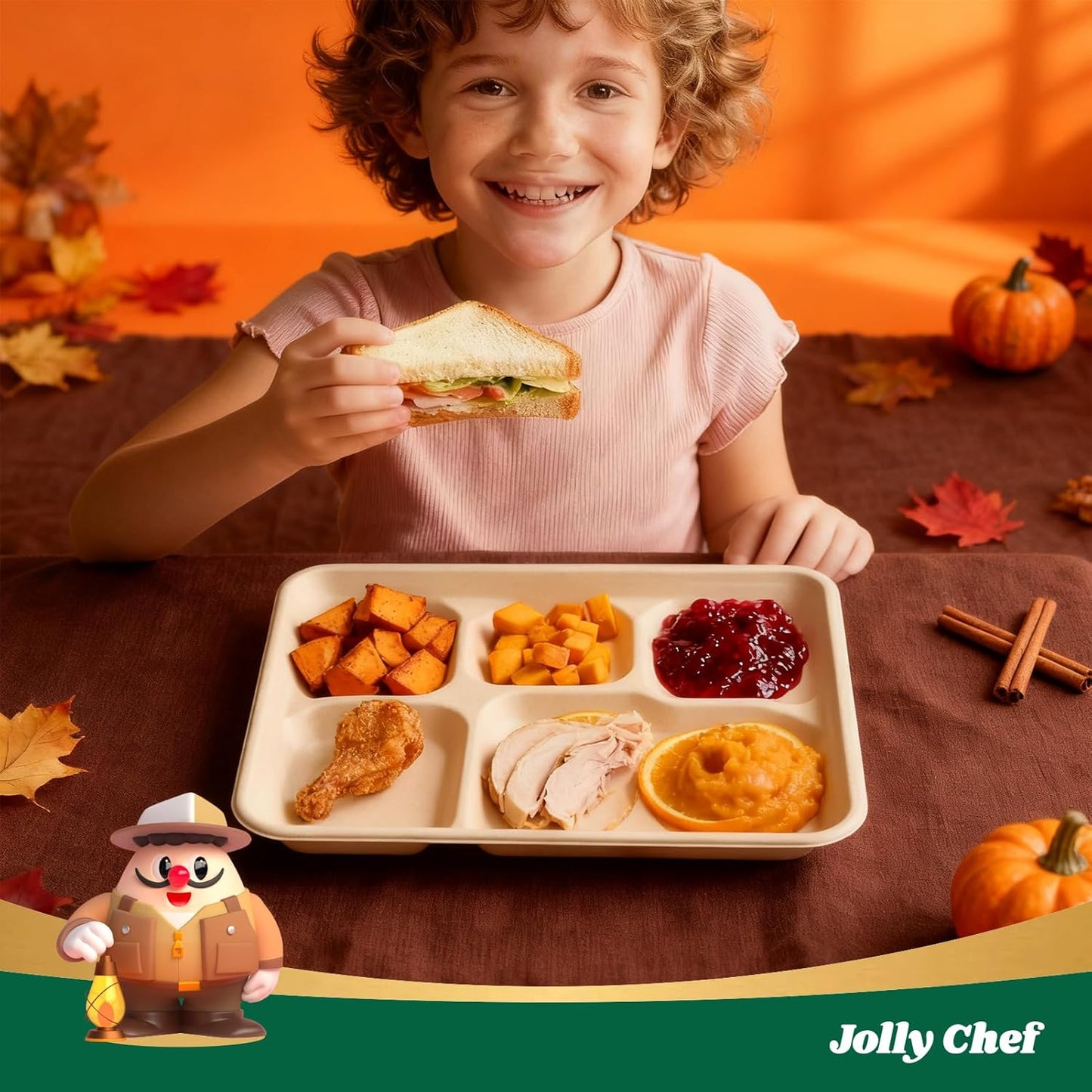 JOLLY CHEF Compostable 5 Compartment Paper Plates 10 * 8.25 * 1 inch 125 Pack Small Disposable Eco-Friendly Biodegradable Food Trays for Primary and Secondary School Students’ Lunch (Brown)