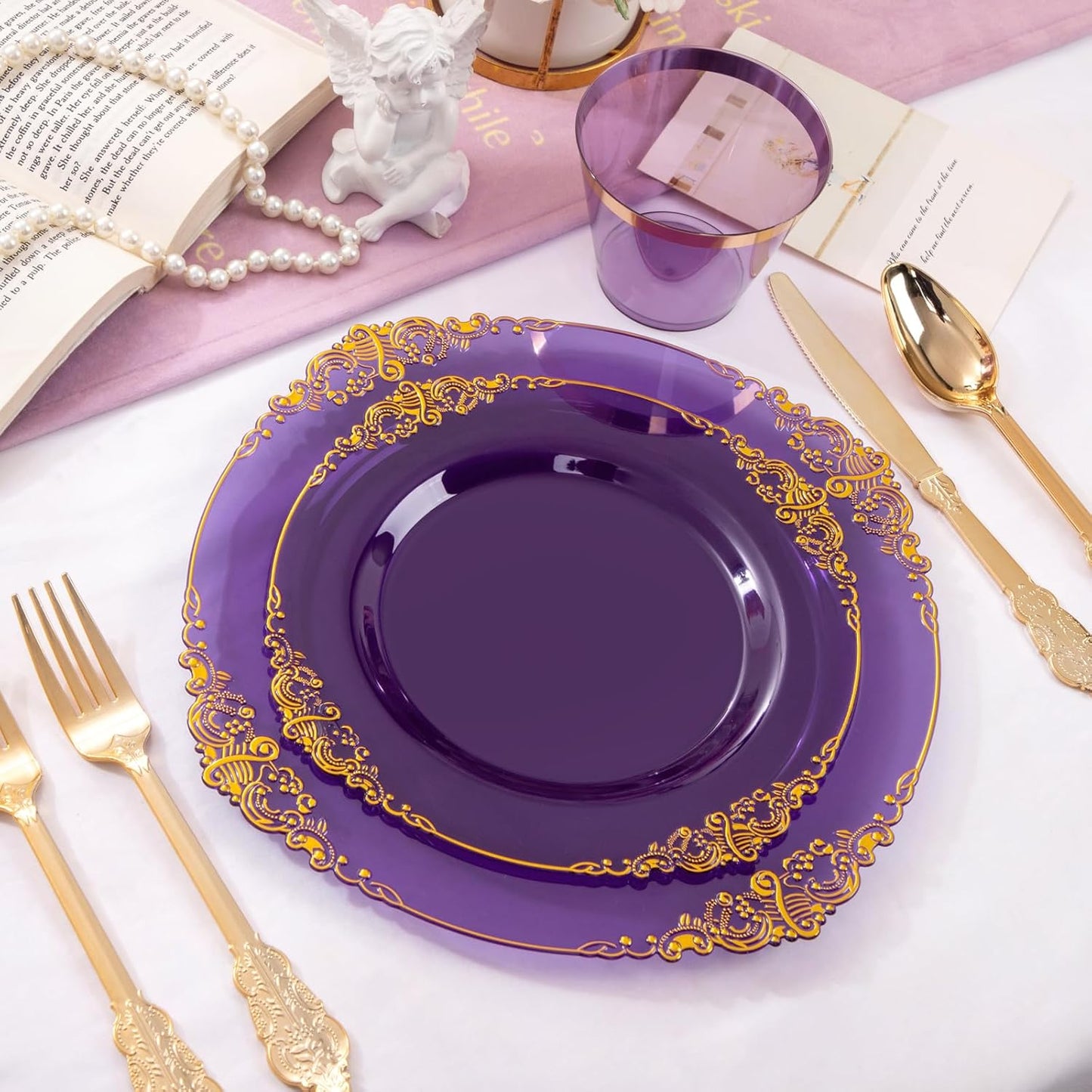 Nervure 175PCS Purple Plastic Plates - Disposable Purple Gold Party Plates & Pre Rolled Napkins with Cutlery for 25 Guests, 50Plates, 75Silverware, 25Cups, 25Napkin for Wedding & Party