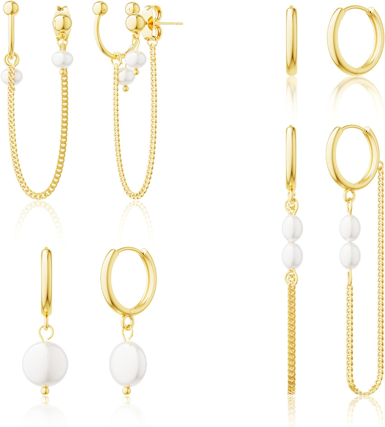 Moodear Gold Earrings for Women No Tarnish - Trendy 14K Gold Plated Pearl Hoop Studs Chain Earrings Stacks for Women Wedding Jewelry Gift