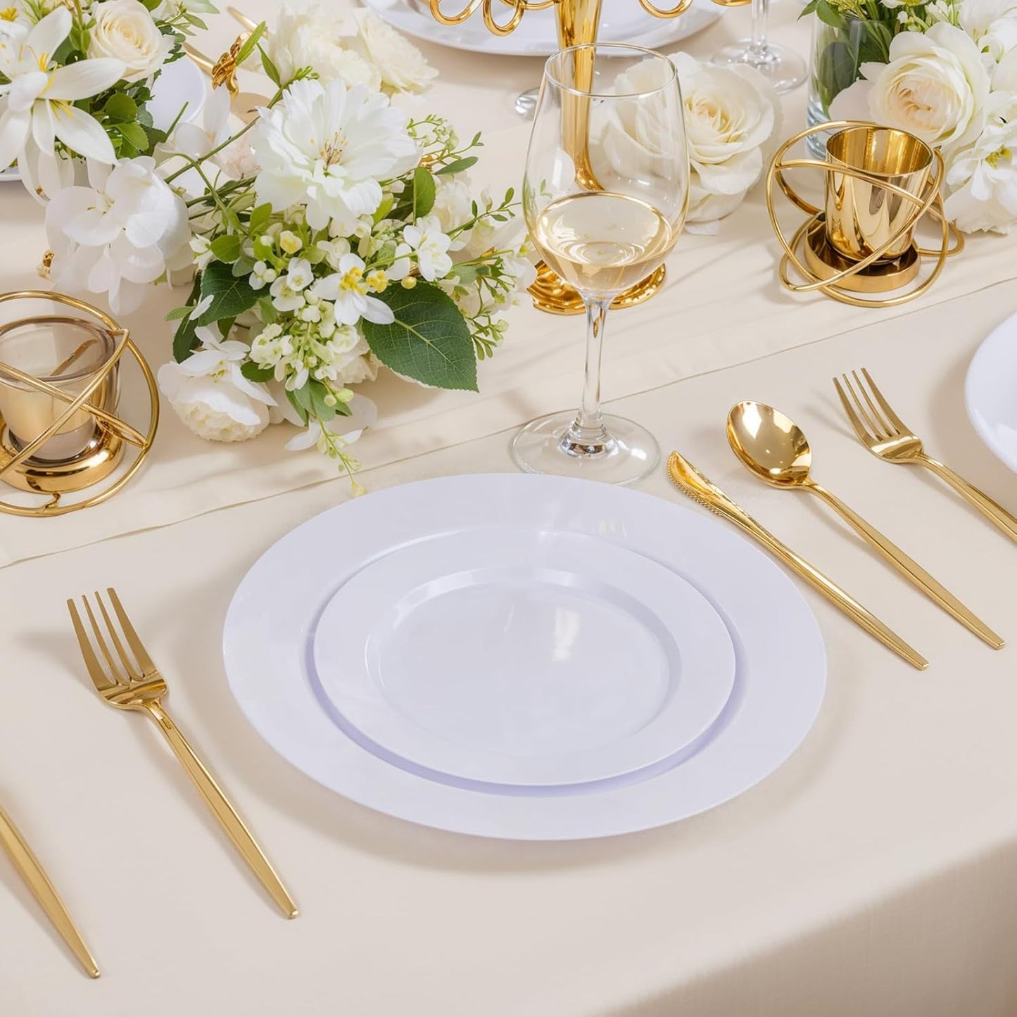 KIRE 120PCS White Plastic Plates - Heavy Duty White Disposable Plates for Party/Wedding - Include 60Pieces 10.25inch White Dinner Plates - 60Pieces 7.5inch White Dessert/Salad Plates