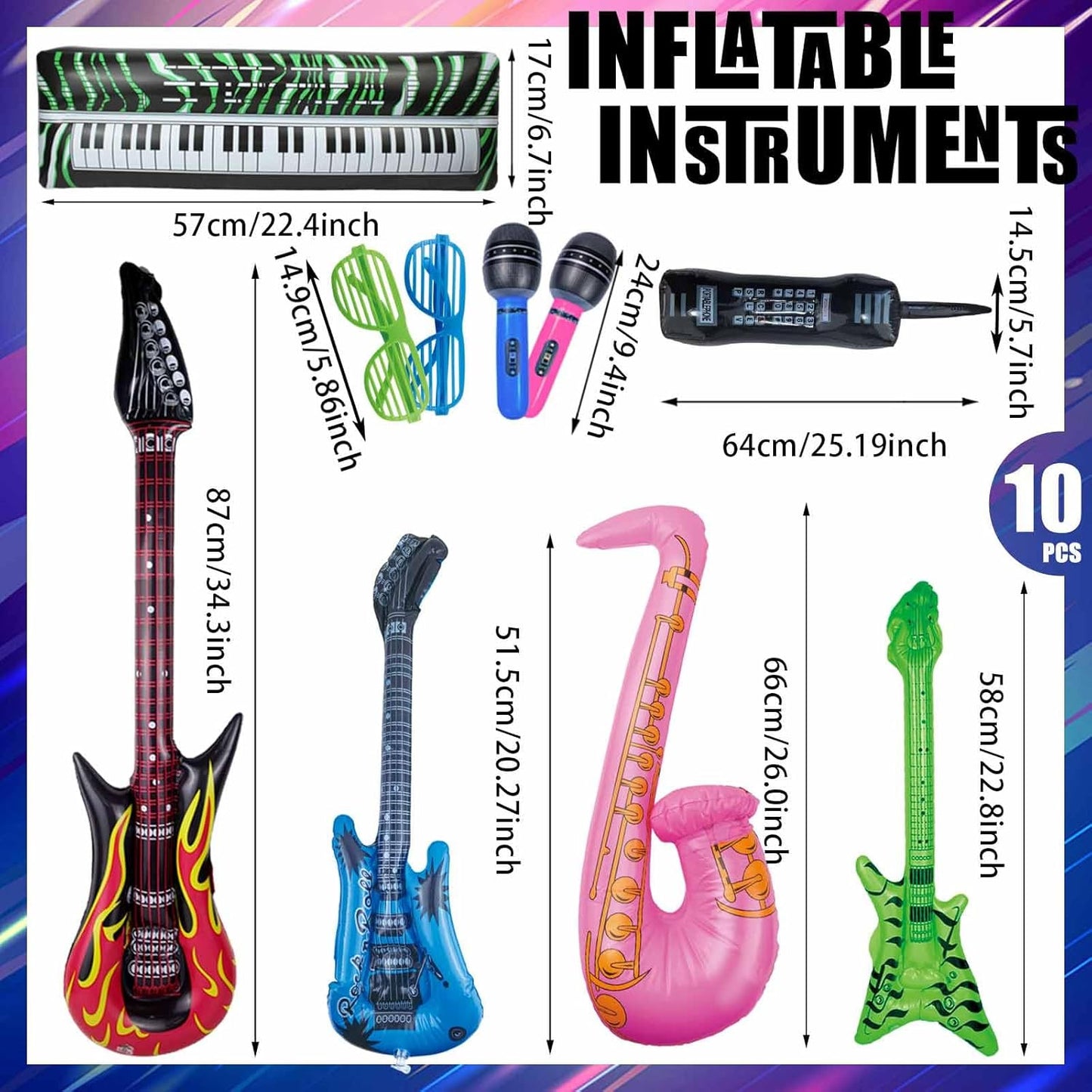10 Pieces Inflatable Instruments Party Props Set Photo Booth Props Inflatable Guitar Saxophone Bass Lute Microphone Recorder Piano Theme Party Rock Toys Decorated Vintage Period Party